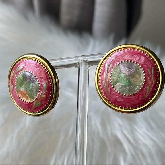 Vintage | Swirl Enameled Elegant Pink and Green Pierced Earrings Timeless Charm - Picture 2 of 8